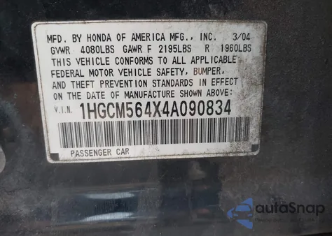 2004 Honda Accord 2.4 Lx из США, поврежденный, VIN 1HGCM564X4A090834